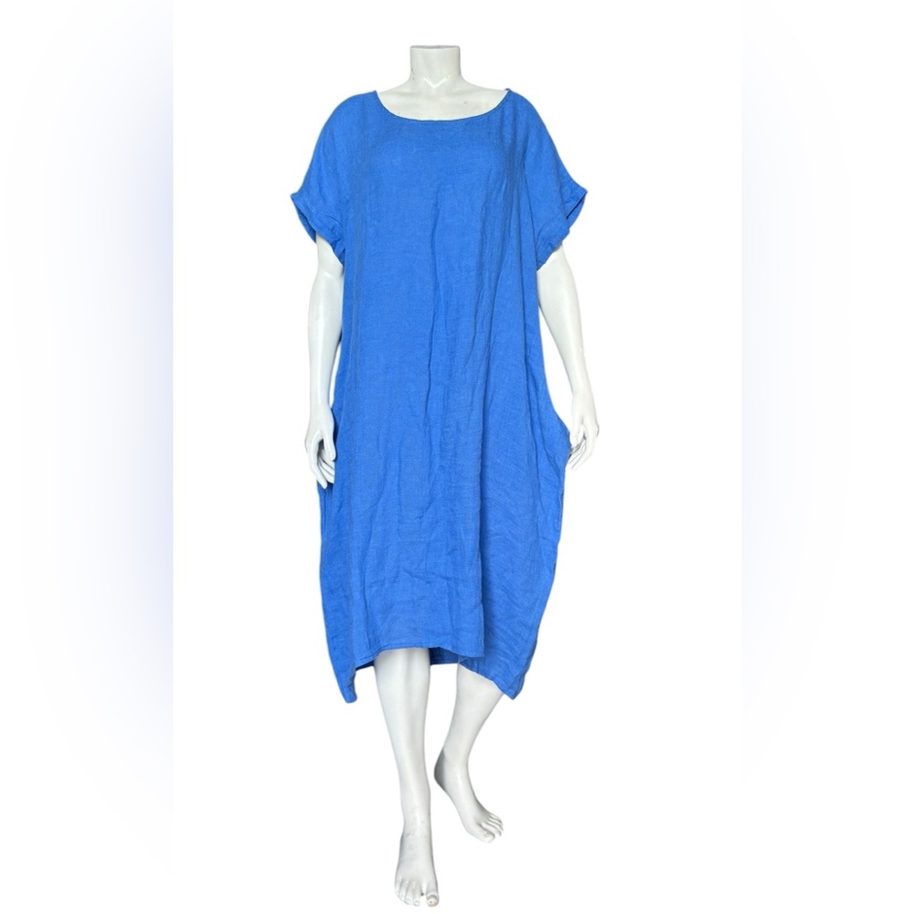Cali+Co Linen Midi Dress With Side Rib Panel Size XXL Blue 100% Linen Lagenlook